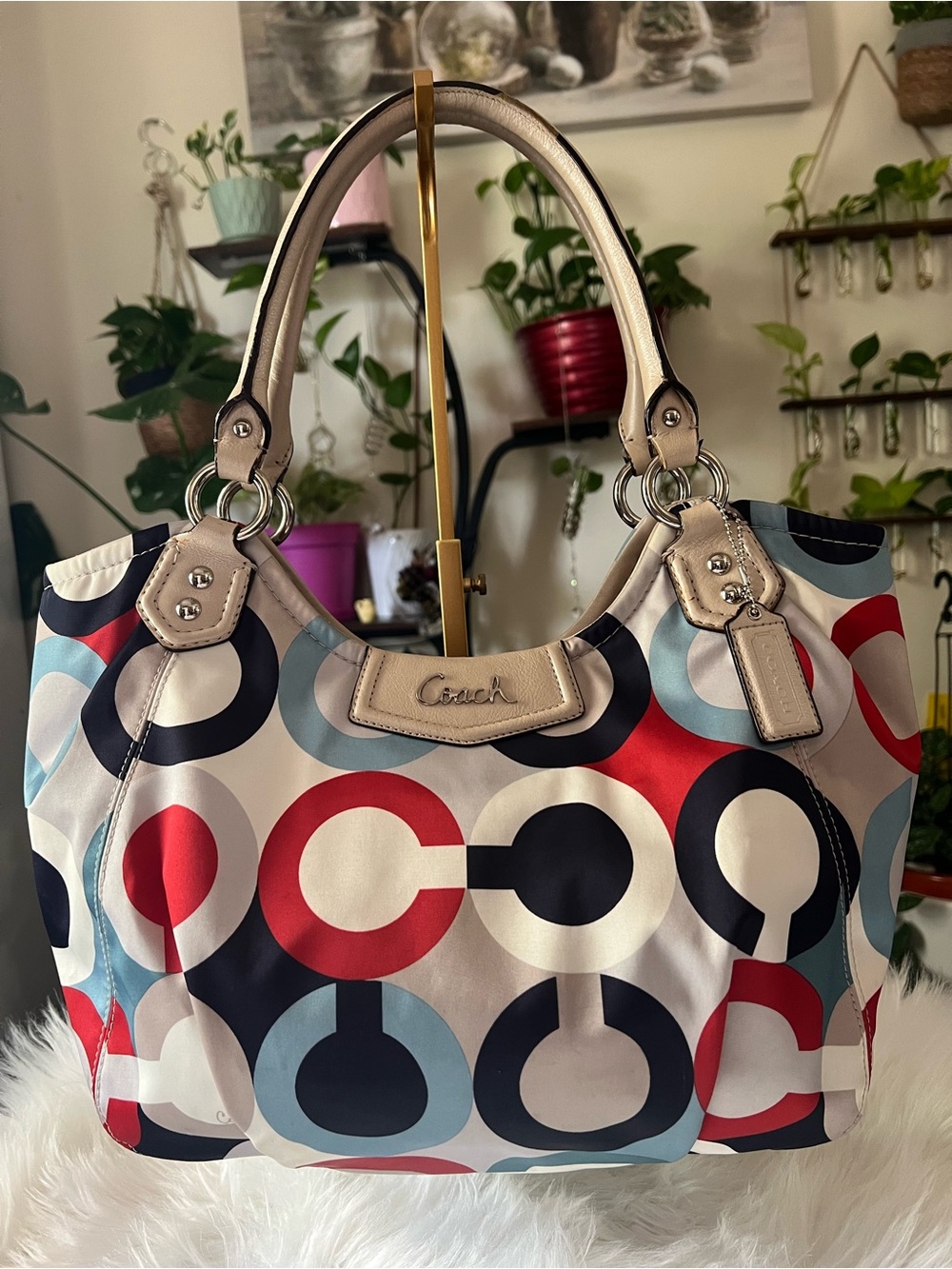 Coach Multicolor Circle Print Shoulder Bag in Red, Navy, Light Blue & Cream